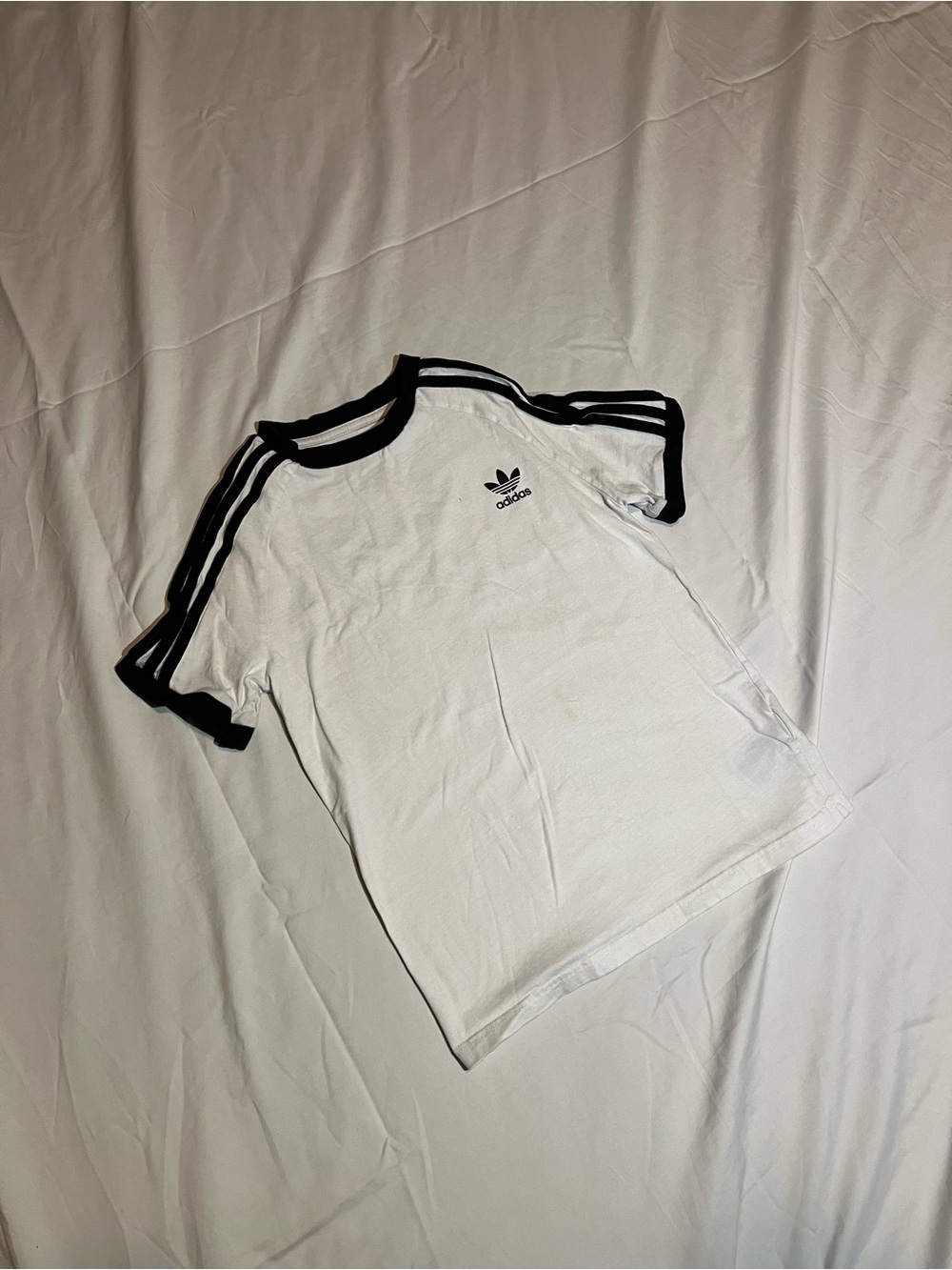 adidas White Tee with Black Stripes and Trefoil